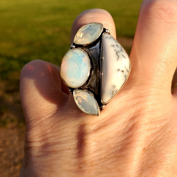New Dendritic Opal and Milky Fire Opal 925 Silver Ring. - Picture 10 of 16
